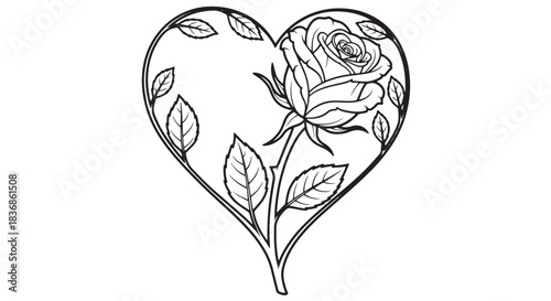 Elegant hand-drawn rose heart intertwined with leaves and petals.