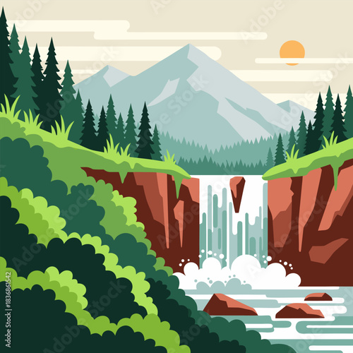Vibrant Landscape Illustration Featuring a Majestic Waterfall Flowing Through Rocky Cliffs Surrounded by Lush Greenery and Towering Pine Trees Under a Sunny Sky