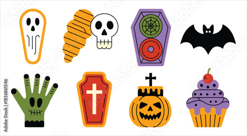 Halloween Icons Collection With Skull Coffin Bat Zombie Hand And Cupcake Keywords: halloween