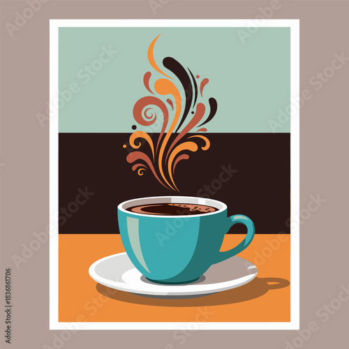 A steaming cup of rich coffee with abstract swirls of aroma rising in a stylized illustration