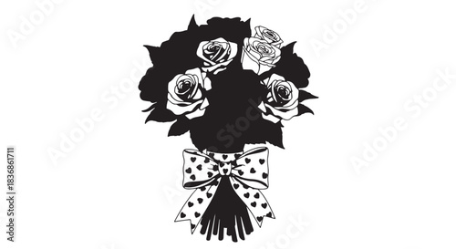 Black and white bouquet of roses with bow in line art illustration.