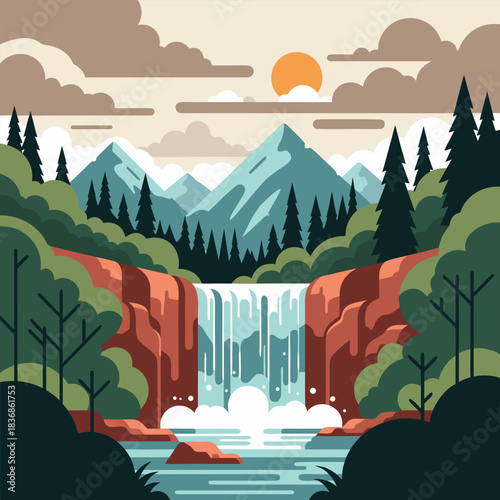 Majestic waterfall cascading down rugged cliffs amidst lush green forests and snow-capped mountains under a hazy sun