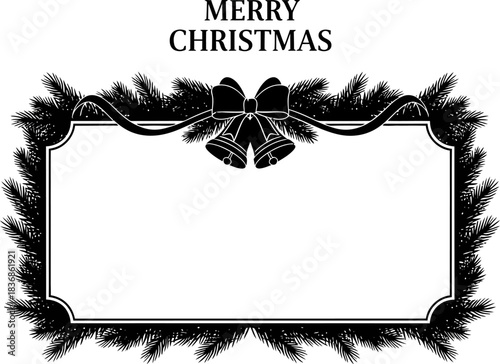 Elegant black and white christmas frame design featuring pine branches bells and a festive banner perfect for holiday greetings