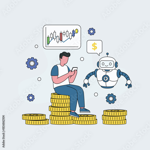 Financial trading automation with a robot assistant, showcasing stock market charts and digital currency investment growth for modern investors