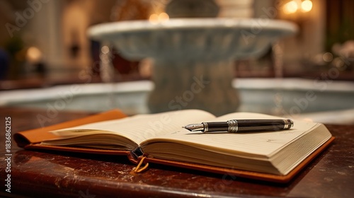 guestbook. Open leather-bound guestbook on a counter with a fountain pen, classic and elegant. lifestyle magazines, social media lookbooks, designed for lifestyle magazines and social media content.