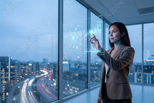 Businesswoman Analyzing Growth Data on Futuristic Holographic Screen