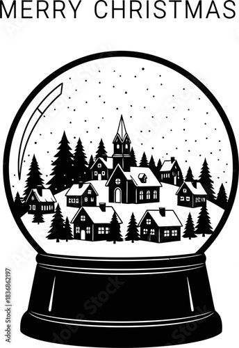 Black and white graphic design featuring a charming winter village scene inside a snow globe wishing everyone a merry christmas