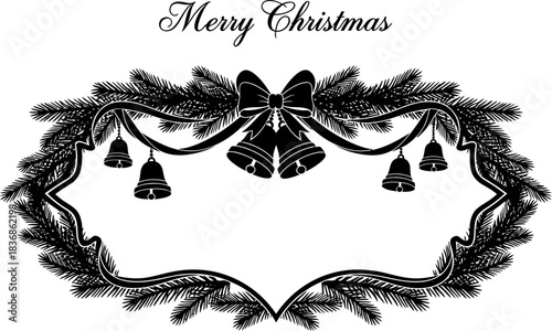 Elegant black and white silhouette frame design featuring pine branches bells and a festive bow perfect for holiday greetings