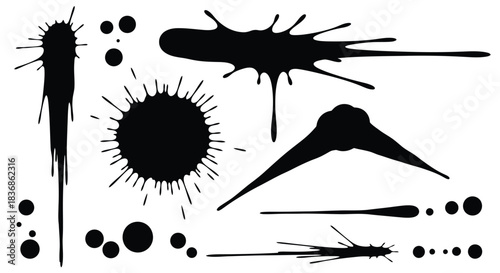 Dynamic black ink splatters and drops on white background