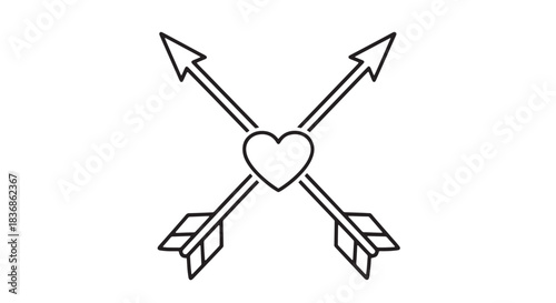 Illustration of two crossed arrows with a heart at the center, a romantic symbol artwork.