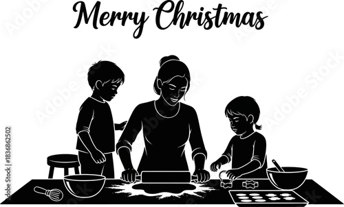 Silhouette of mother and two children happily baking christmas cookies together in a festive holiday kitchen scene