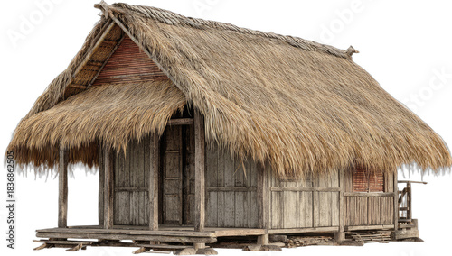 Rustic wooden hut with thatched roof on stilts in a tropical setting