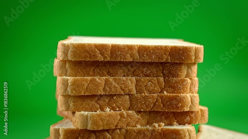 Stacked Bread Slices Video Against Green Background.