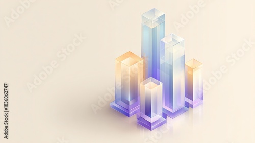 Isometric abstract rendered illustration with a pastel gradient background and five cubic columns