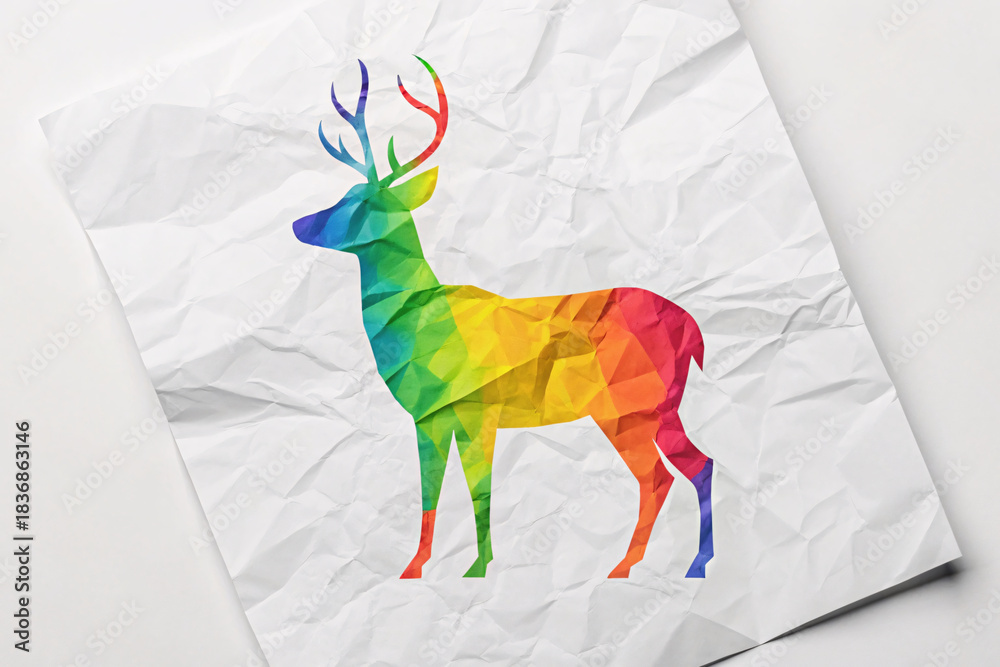 Obraz premium Rainbow geometric deer with low poly design on crumpled white paper featuring full spectrum gradient from green through orange and purple antlers