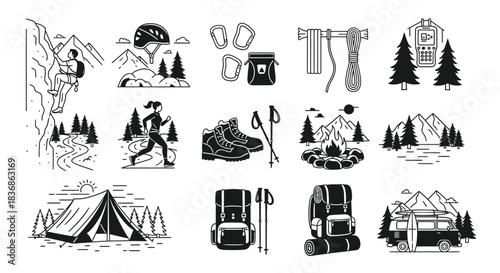 Camping and hiking icons for adventure seekers and outdoor enthusiasts