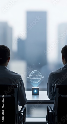 Two business people looking at a holographic projection of a planet in a modern office with city views.