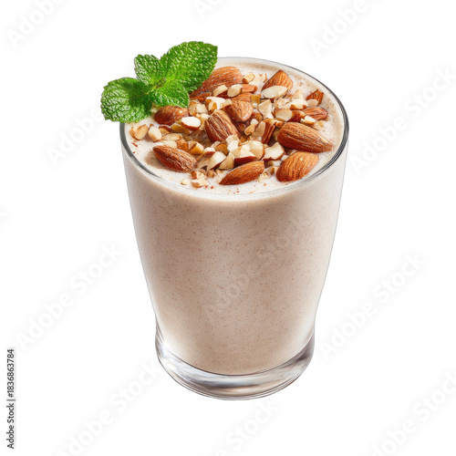 Refreshing creamy beverage topped with almonds and mint