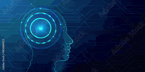 Artificial intelligence head with circuit board background illustration
