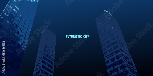 Abstract futuristic cityscape with tall buildings in dark blue shades