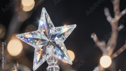 Close-up of a sparkling clear star ornament with bokeh lights in the background, creating a festive and magical atmosphere.
