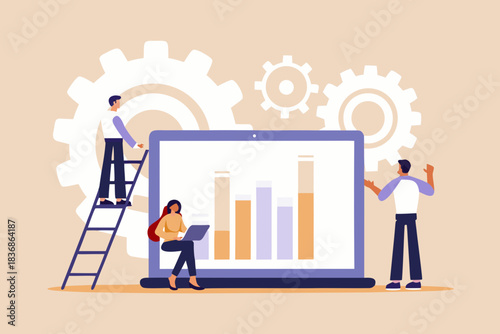 Team analyzing business data on a large laptop with gears