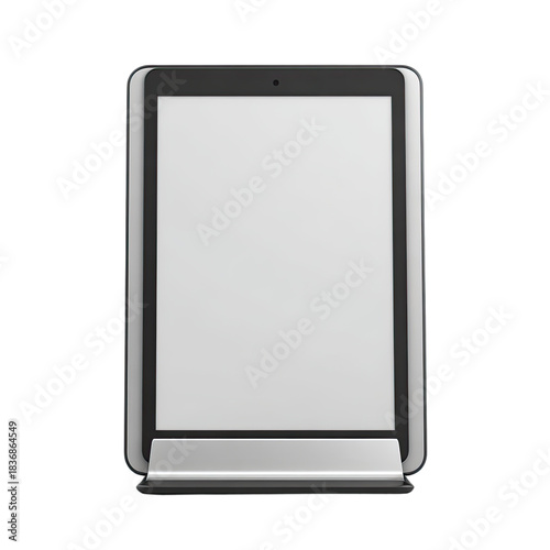 A sleek digital tablet is propped up on a minimalist metal stand
