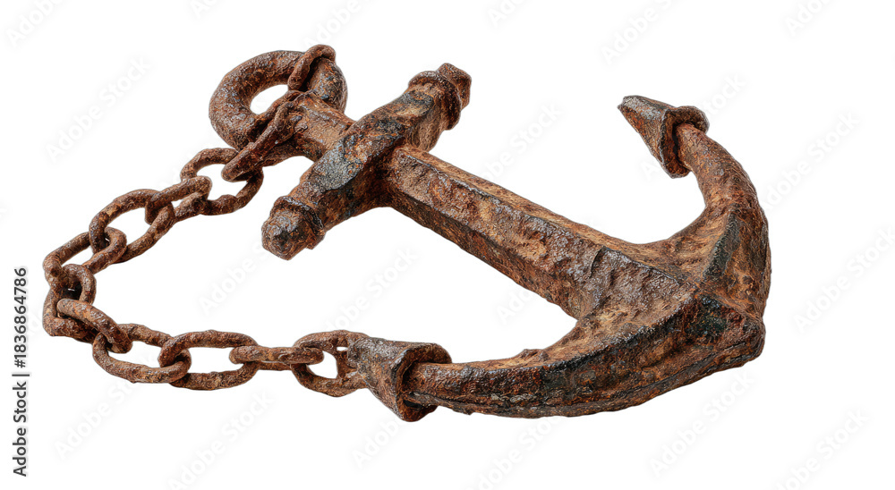 Obraz premium Old, weathered metal anchor with rusted chain against a black background