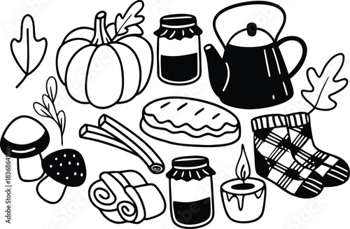 Black and white outline of autumn harvest and cozy home items.