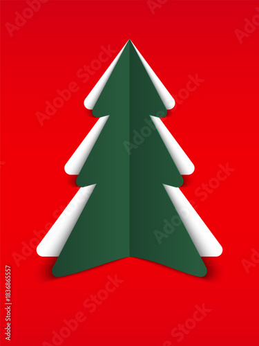 Minimalist Christmas tree design in paper cut style. Green silhouette with depth on a clean red background. Holiday vector illustration.