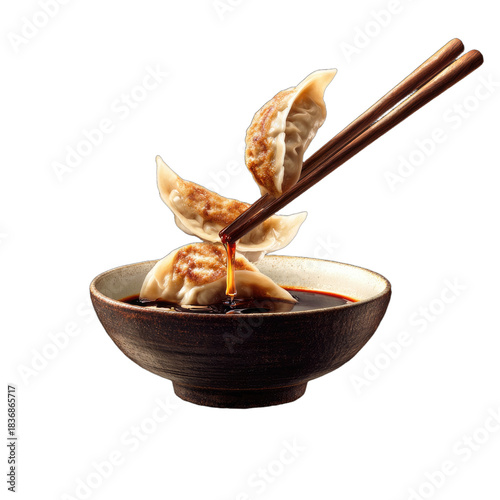 Crispy pan-fried dumplings being dipped into a dark sauce