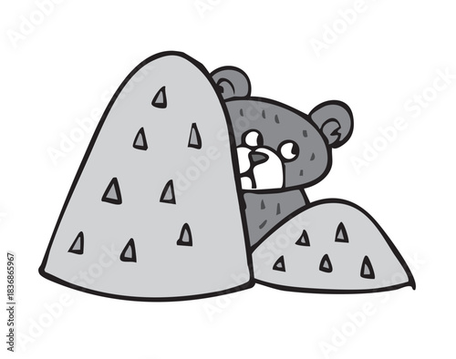 山からのぞいているクマ_モノクロ　くま　熊