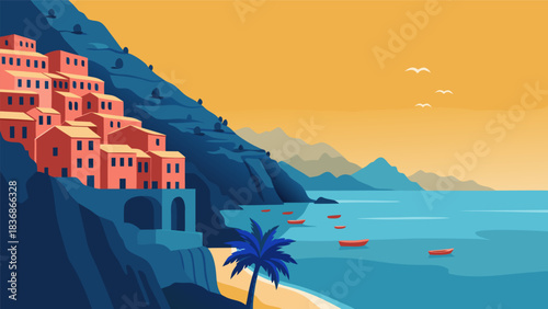 Vibrant vector illustration of a picturesque coastal village, featuring colorful houses built on steep cliffs overlooking the tranquil blue sea with small boats and a palm tree on the shore