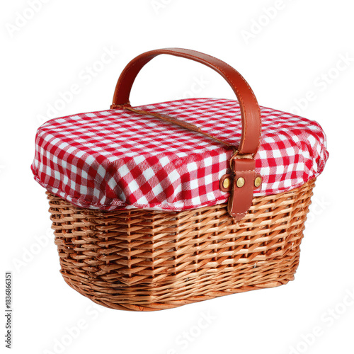 Rustic woven basket with red and white checkered lid and leather handle