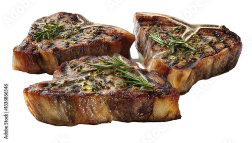 Three juicy grilled T-bone steaks with rosemary and herbs