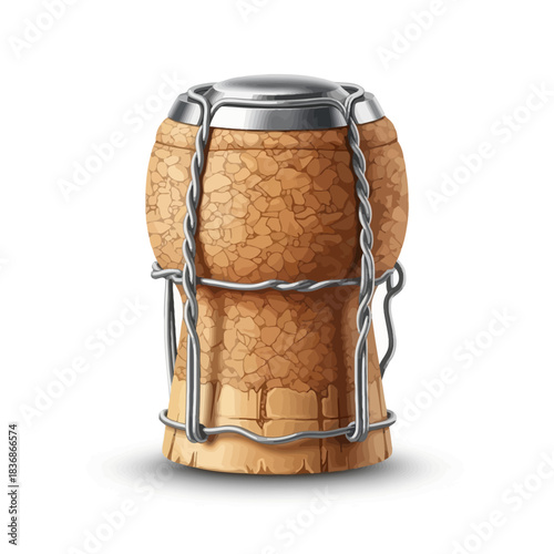 Realistic Vector Illustration of Cork and Metal Bottle Stopper in Natural Organic Style with Brown and Silver Colors