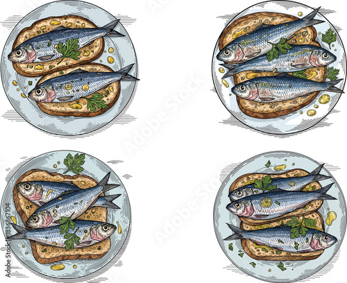 Portuguese Sardines on Toast Icon Set Featuring Rustic Seafood Snack Plates in Detailed Vintage Hand-Drawn Vector Illustration
