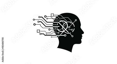 Abstract representation of artificial intelligence and digital transformation within a human head silhouette
