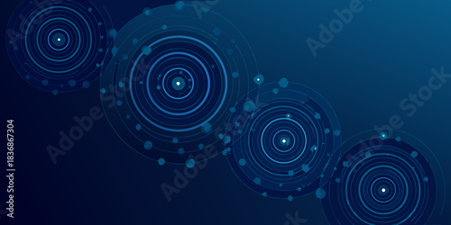Abstract circles with connected dots on dark blue gradient background
