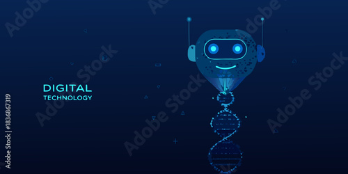 Futuristic robot with dna strand on a dark blue digital technology background