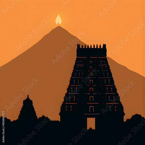 Thiruvannamalai Temple Silhouette with Annamalaiyar Mountain and Karthigai Deepam Vector Art