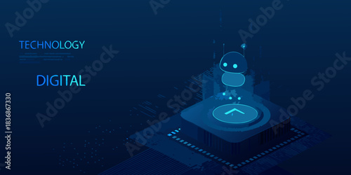 Futuristic technology concept with cute robot and digital circuit board in blue tones