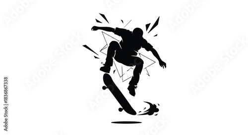 Silhouette of skateboarder performing a dynamic trick, capturing the energy of urban sports