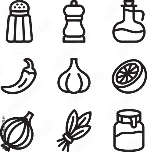 Cooking and seasoning vector outline icons set including herbs spices condiments and fresh ingredients collection