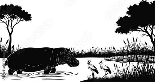 Hippo wading through water in african savanna landscape woodcut style