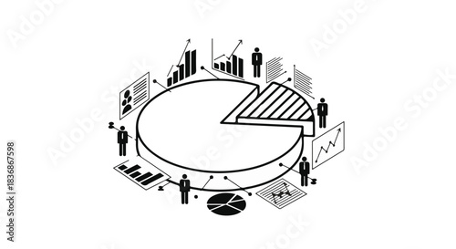 Abstract illustration of a pie chart surrounded by miniature figures and data visualizations, representing business analytics and strategy.