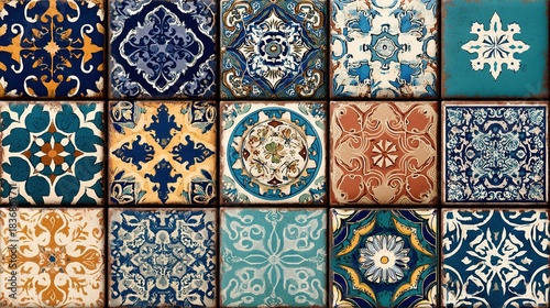 Vibrant aged mediterranean style ceramic tiles pattern.