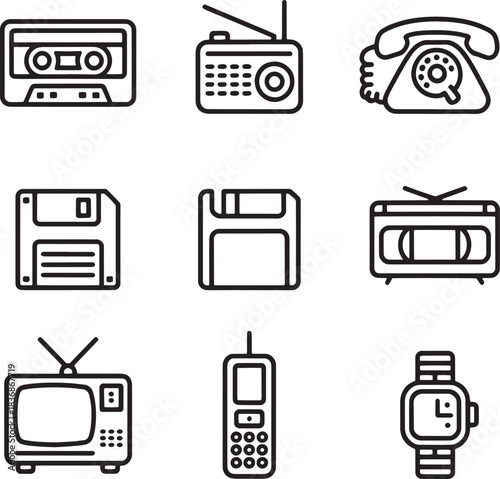 Old school devices black line icon set for digital media communication and obsolete technology concepts