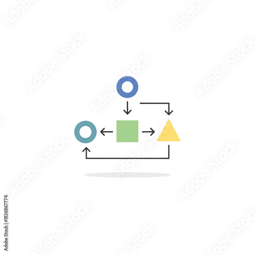 Visual conceptual diagram illustrating a structured workflow or business process, showcasing interconnected geometric shapes and directional arrows representing sequential steps and decision-making