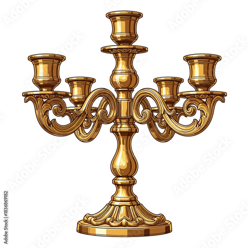 Vintage Ornate Candle Holder Vector Illustration in Classic Decorative Style with Gold Color Scheme
